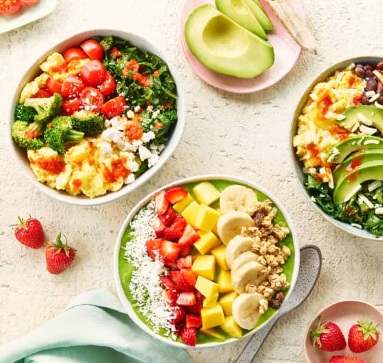 Beautiful breakfast bowls with fruits and vegetables