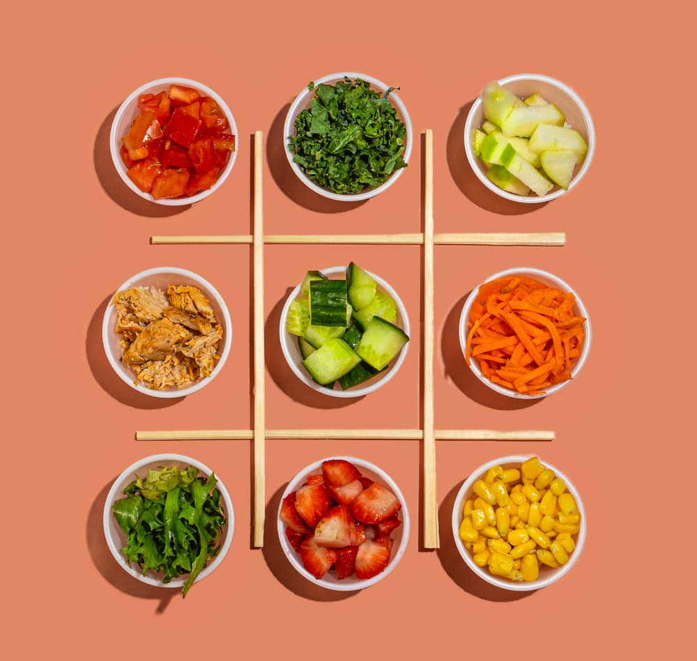 Ingredients in bowls displayed in a tic tac toe style